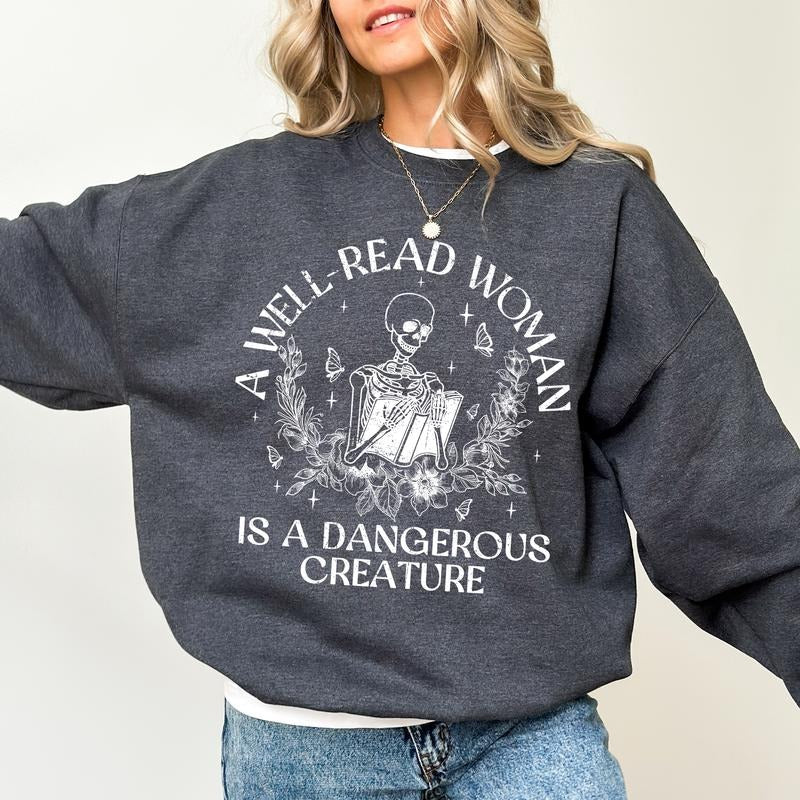 Well Read Woman Is Dangerous Creature Reading Skeleton Vintage Bookish Shirt Intellectual Feminist T-Shirts, Hoodie, Sweatshirt