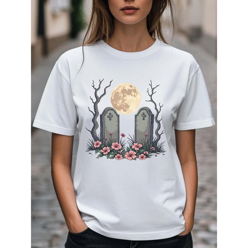 A graveyard with tombstones and flowers under a full moon.Women's Stylish Printed T-Shirt-Lightweight, Casual Comfort Fit...