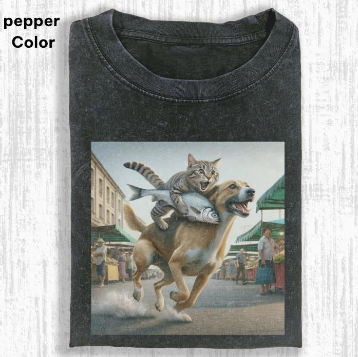 A vibrant street market scene. A large dog, Cat Shirt, WACKY CAT T-SHIRT, FUNNY CUTE CAT, funny shirts for women,...