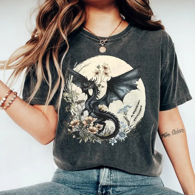 Abraxos Flower T-Shirt, Fantasy Dragon Bookish Shirt, Boho Wildflowers Cottagecore Shirt, Fantasy Book Lover Shirt, Book...