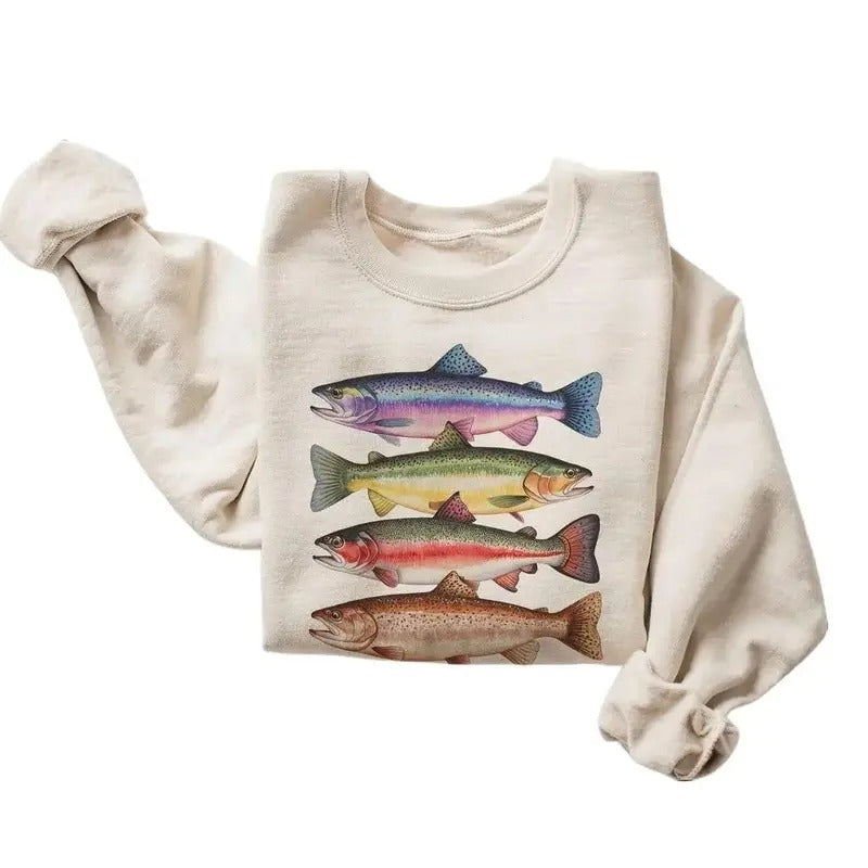 Abstract Colorful Trout In A Row Sweatshirt - River Fish Trout Species - Fly Fishing Gift - Boho Unisex Cotton Menswear...