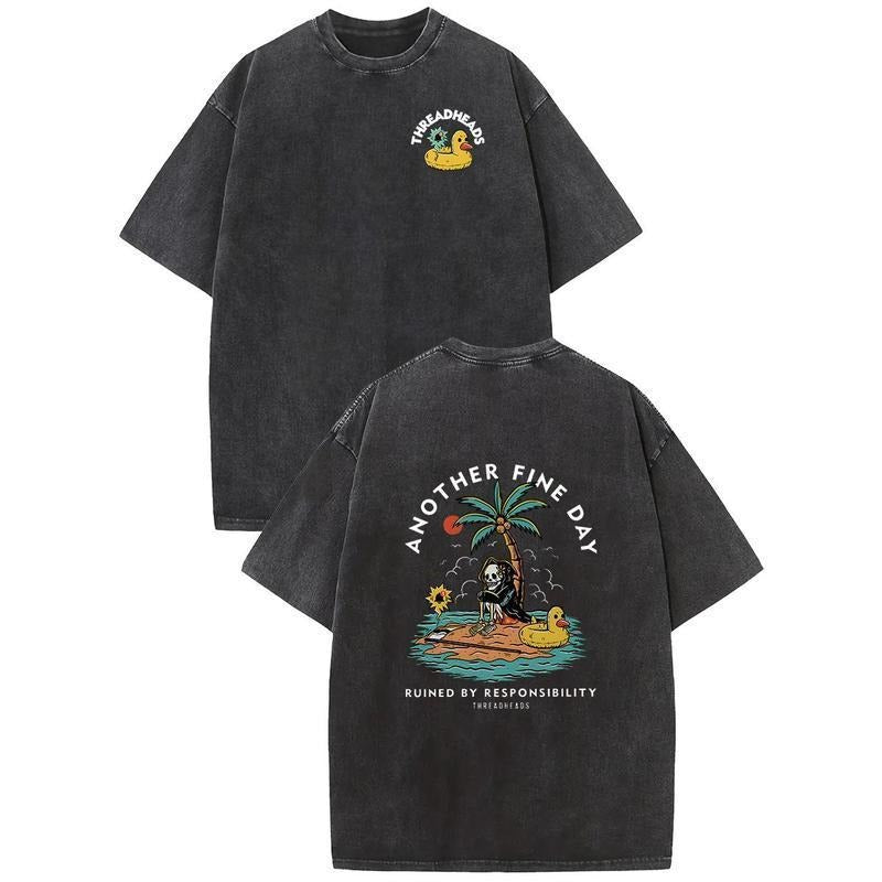 Acid Washed Shirt Another Fine Day Print Casual Graphic Tee Half Short Sleeves Crew Neck Summer Comfortable Cotton Top...