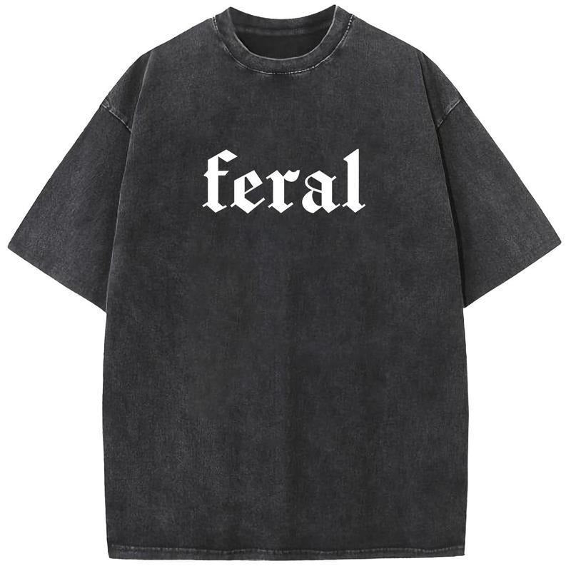 Acid Washed Shirt Feral Print Casual Graphic Tee Half Short Sleeves Crew Neck Summer Comfortable Cotton Top for Women