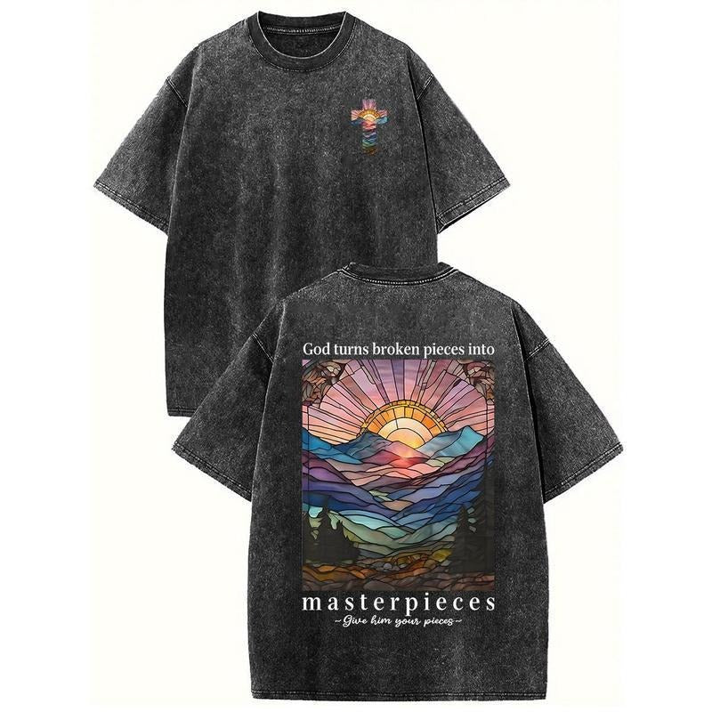 Acid Washed Shirt Masterpieces Print Casual Graphic Tee Half Short Sleeves Crew Neck Summer Comfortable Cotton Top for Women