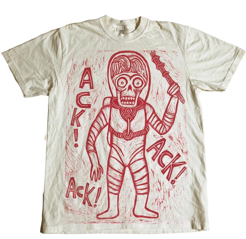 Ack! Ack! Ack!Woodblock Hand-Printed T-Shirt Cotton Menswear Streetwear Graphics Casual Top Stylish Fabric Tropical Shoe...