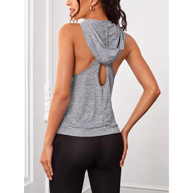 Activewear Cut Out Twist Back Hooded Tank Top Sleeveless Athlete Gym Shirt Hoodie, Sweatshirt | HypeCrazeTee.com