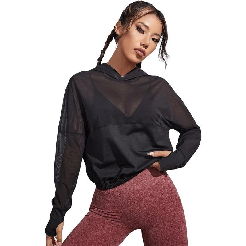 Activewear Long Sleeve Hooded Sweatshirt Sheer Mesh Running Workout Sports Sweatshirt Top style 03 T-Shirts, Hoodie