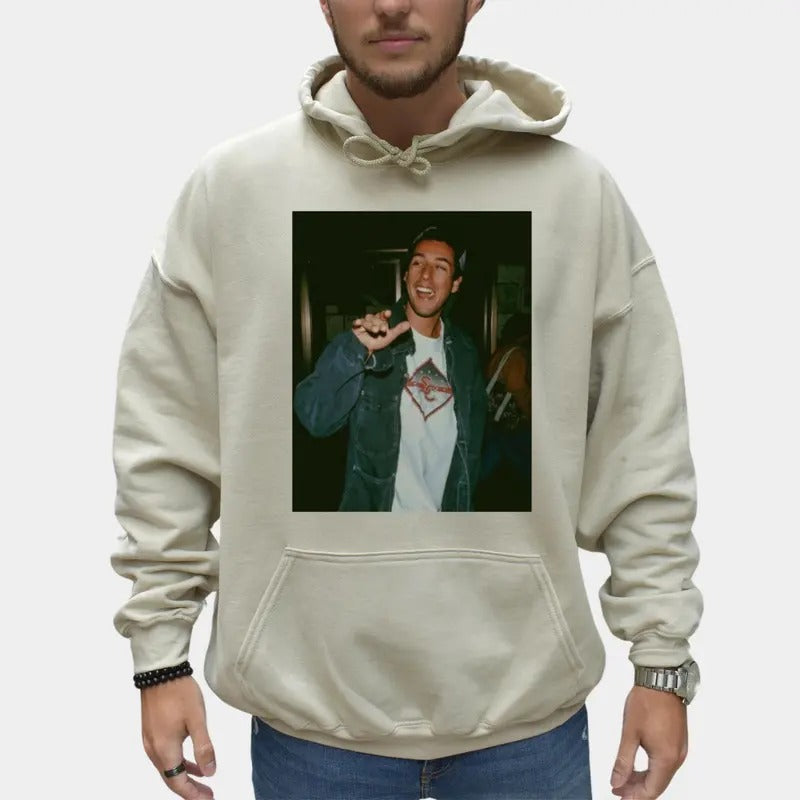 Adam Sandler Happy Hoodie, Grown Ups Adam Sandler Shirt, Graphic Cotton Tee For Adam Sandler Fans, Cotton, Long Sleeve...