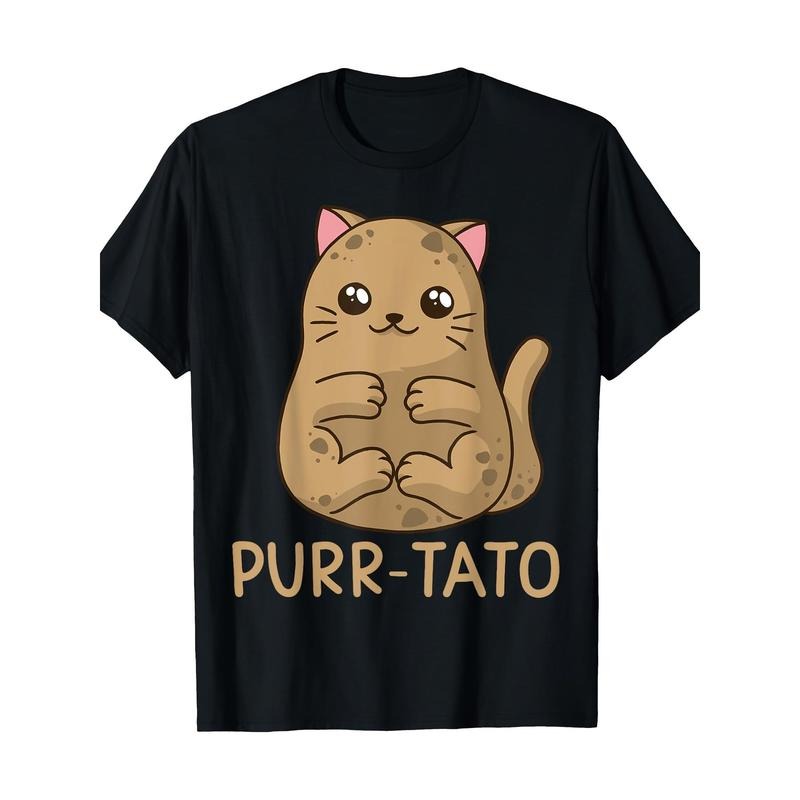 Adult Unisex Purrtato Cat Graphic Tee - 100% Cotton Knit Fabric, Regular Fit Crew Neck T-Shirt with Digital Heat...