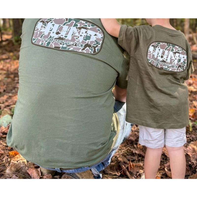 Adult and Youth Hunting Tee, Camo Patch Shirt for Hunters, Great Gift for Father and Son Hoodie, Sweatshirt