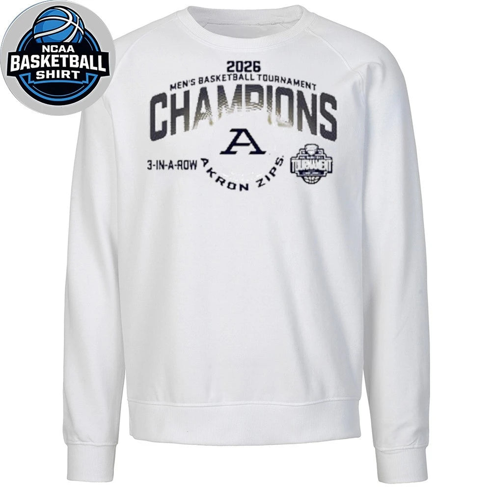 Akron Zips Grey 2026 MAC Men’s Basketball Tournament Champions 3-In-A-Row T-Shirt