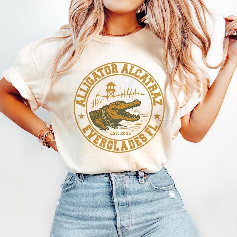 Alligator Alcatraz Shirt, Everglades Florida Parody Tee, Funny Vintage Gator Design, Swamp Humor Graphic Tee, Dark Humor...