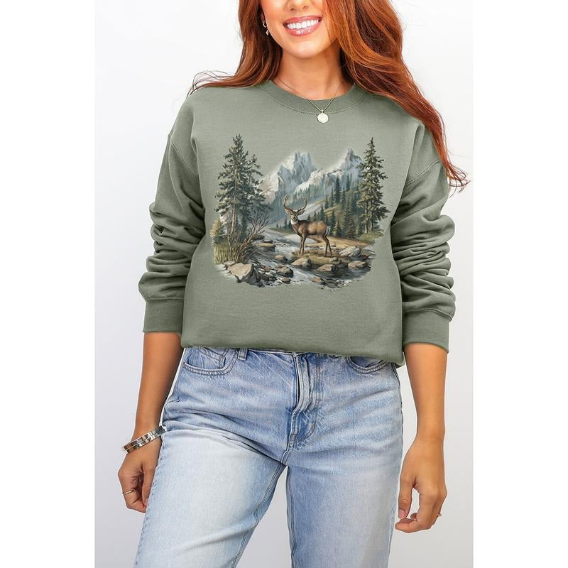 Alpine Deer Ecosmart Crewneck Sweatshirt - Soft Sustainable Unisex Outdoors Graphic Pullover T-Shirts, Hoodie