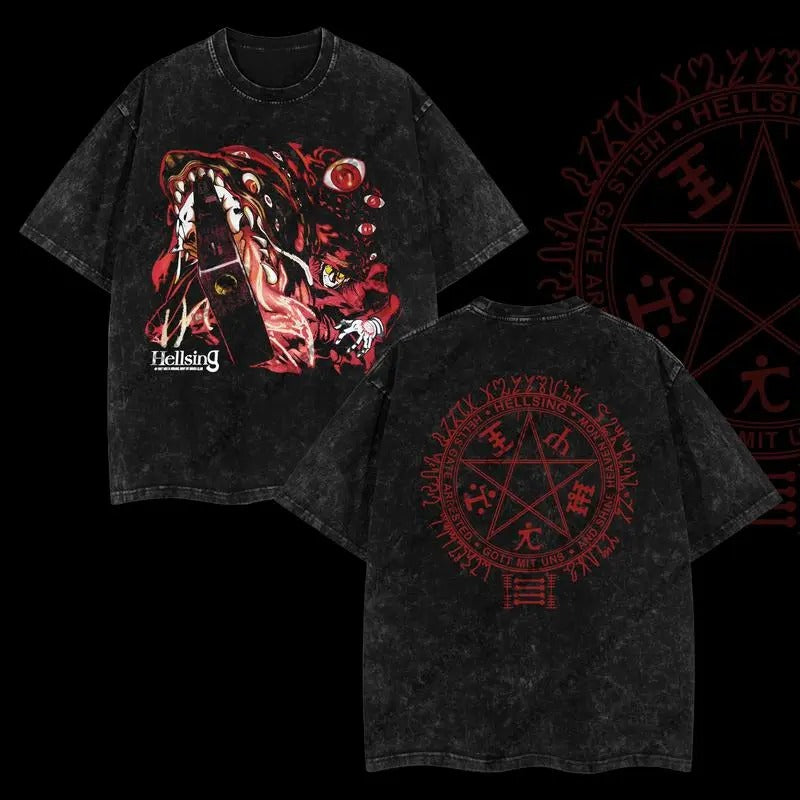 Alucard Hellsing Retro Vintage Unisex Oversize Anime Manga Acid Washed Heavyweight Cotton T-shirt, Anime Merch, Gift For...