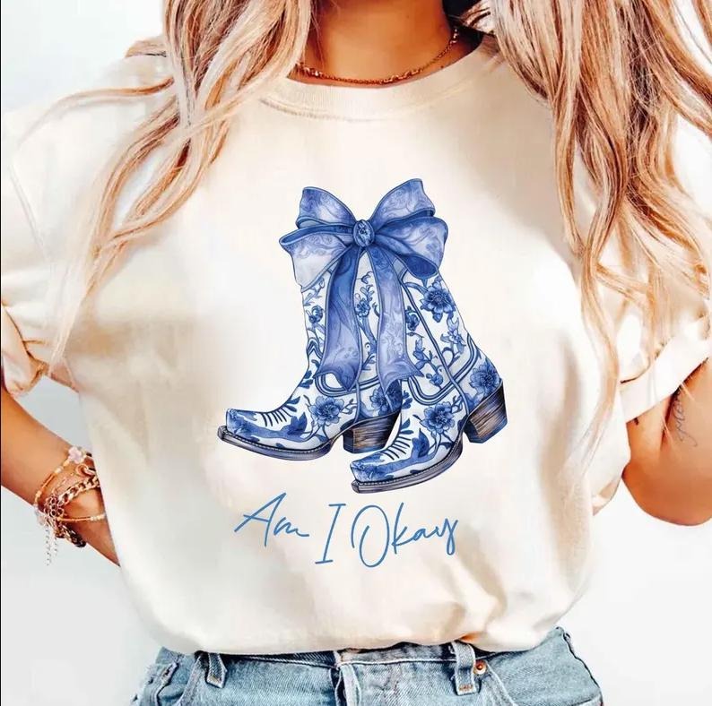 Am I Okay Cowgirlllll Coquette Bow Women Girl T-Shirt, Blue Boots Country Concert Shirt Hoodie, Sweatshirt | HypeCrazeTee.com