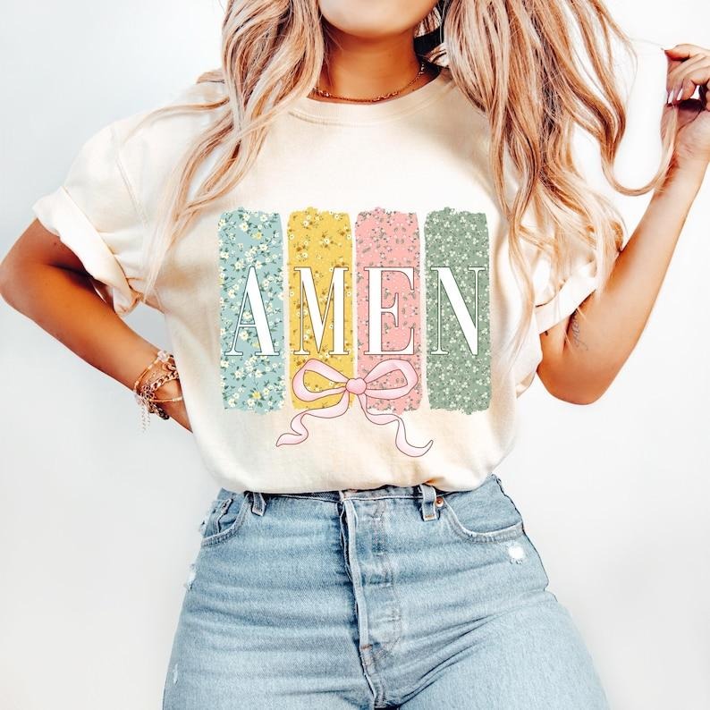 Amen Coquette Bow, Christian Easter, Bible Verse, Floral Spring, He is Risen Tshirt Hoodie, Sweatshirt | HypeCrazeTee.com
