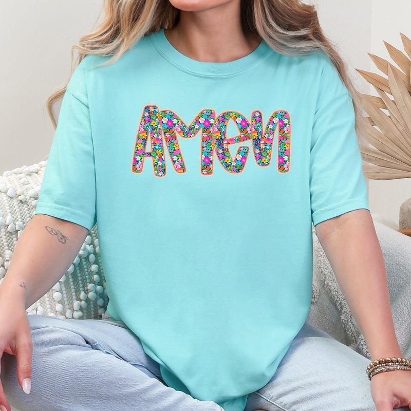 Amen, Christian, Gospel, Faith, Floral, Flowers, Bright, Colorful, Pastels Tshirt, Women's Comfort Colors Tee Hoodie,...