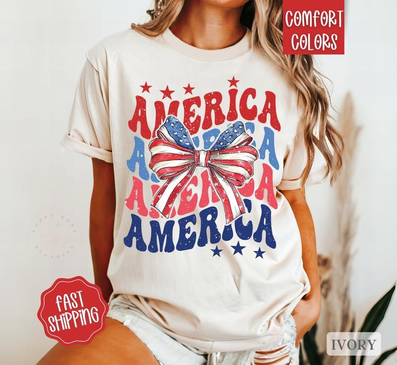 America Bow Shirt Comfort Colors, July 4th Shirt, USA Oversized Graphic Tshirt, America Tshirts, Memorial Day Shirt...
