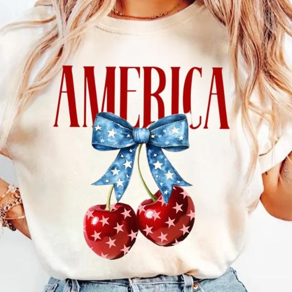 America Cherries Shirt, Cherry Bow Trendy July 4th Woman Usa TShirt Hoodie, Sweatshirt | HypeCrazeTee.com