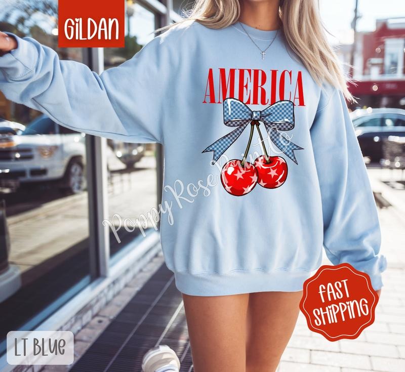 America Cherry Gildan Sweatshirt, Fruit Summer Sweater, Cute Women's Crewneck, Gift For Her T-Shirts, Hoodie