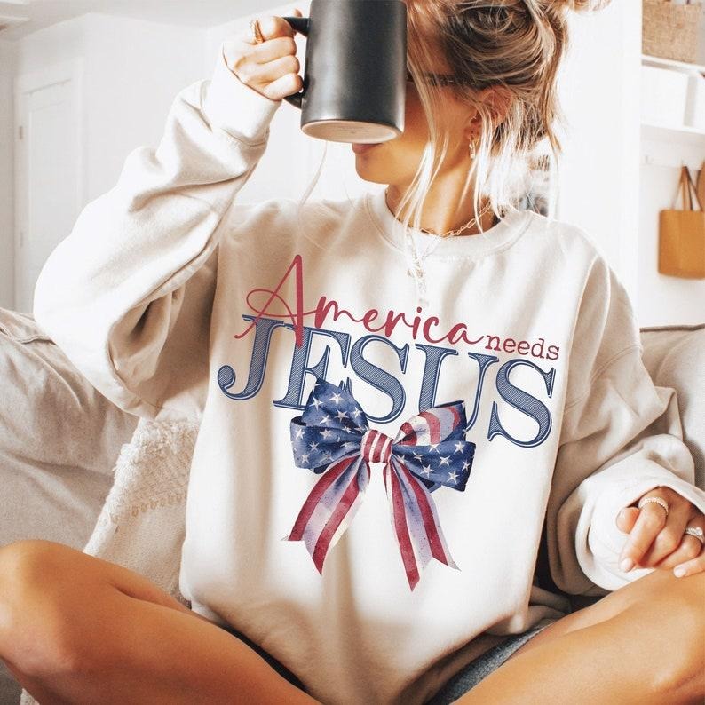 America Needs Jesus Coquette Bow Watercolor Designs Christian Patriotic Shirt Designs DTF Transfer 4th of July  T-shirt,...