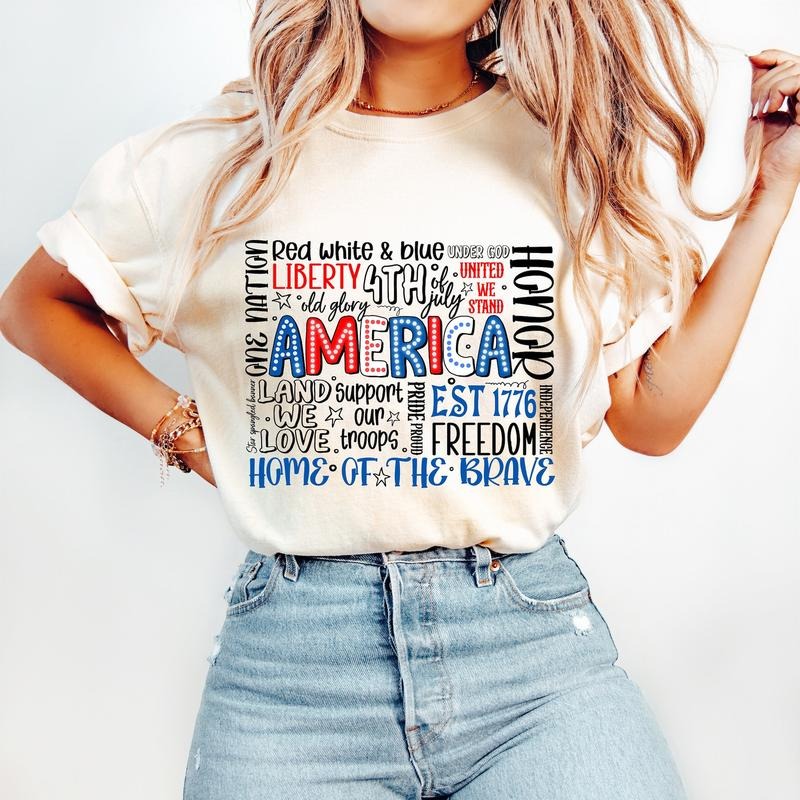America T-Shirt, 4th of July T-Shirt, Bright Doodle, Dalmatian Dots, Independence Day T-Shirt, Mom Shirt, 1776 USA Flag...