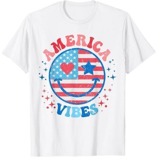 America Vibes Smile Face American Flag 4th Of July Groovy T-Shirt Made in USA Hoodie, Sweatshirt | HypeCrazeTee.com
