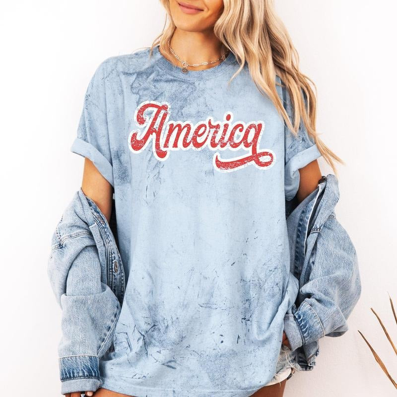 America, Red, White, Varsity, Retro, Patriotic, USA, 4th of July, Color Blast Tshirt Comfort Colors T-Shirt, Women's...