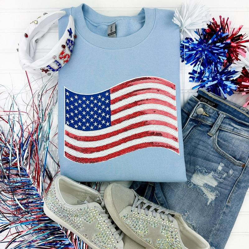 American Flag Sequin Patch Sweatshirt -- LIGHT BLUE T-Shirts, Hoodie | HypeCrazeTee.com