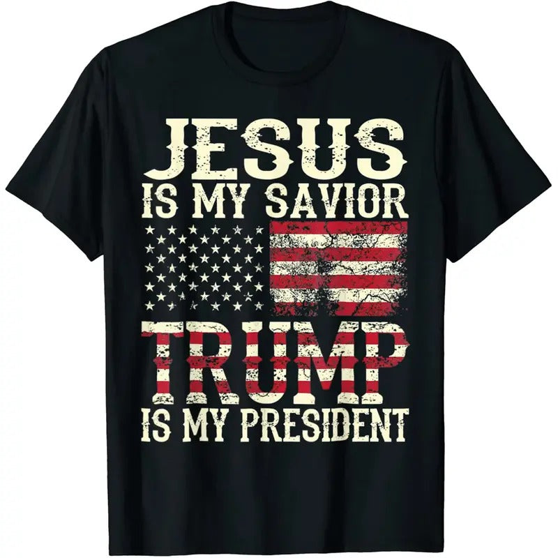 American Flag Tee Jesus Is My Savior Trump Is My President T-shirt Casual Graphics Tops Summer Gift Tee Black Graphic Tee...