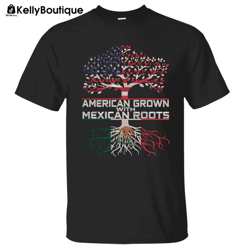 American Grown with Mexican Root Mexicans Ain't Going Anywhere Latina USA Flag Graphic Printed with Embroidery Effect...