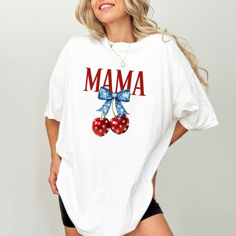 American Mama Comfort Colors Shirt, Coquette Cherry Mama T-shirt, 4th Of July Mom Graphic Tee, Proud Mom Clothing, Gift...