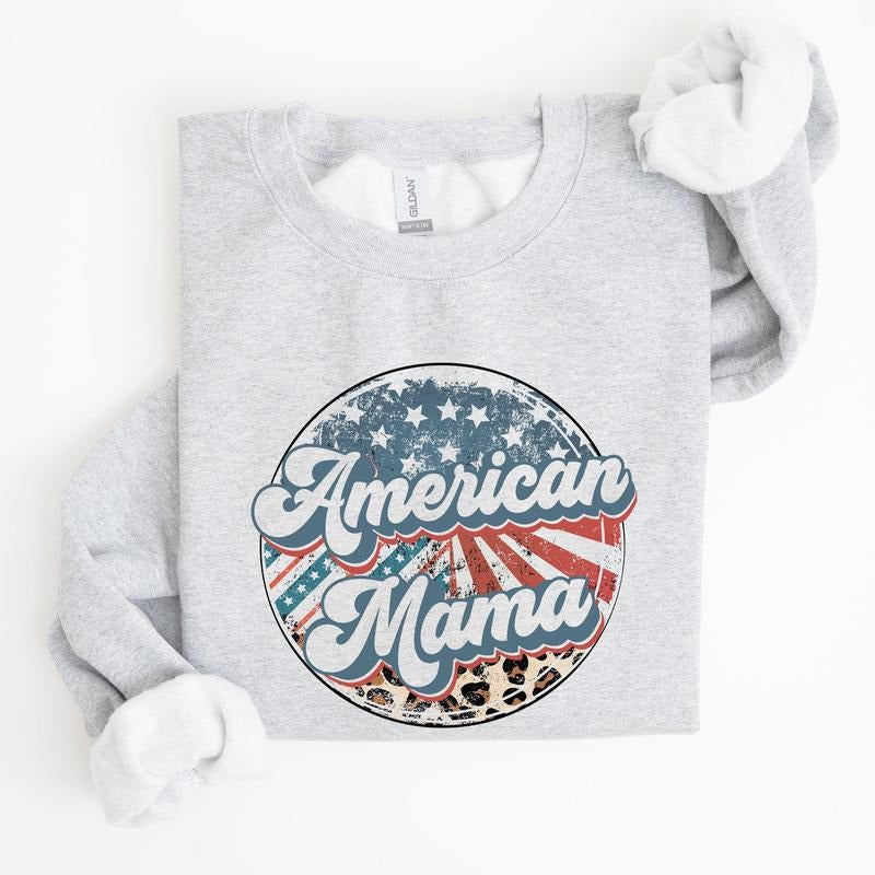 American Mama Leopard Print Patriotic 4th of July Sweatshirt, Women's Crew Neck, Crewneck T-Shirts, Hoodie | HypeCrazeTee.com