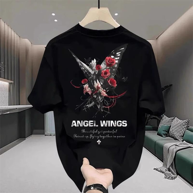 American Pu Handsome Stylish Short-Sleeved T-shirt Red Flower Butterfly All-Matching Fashion Brand Casual Loose round...