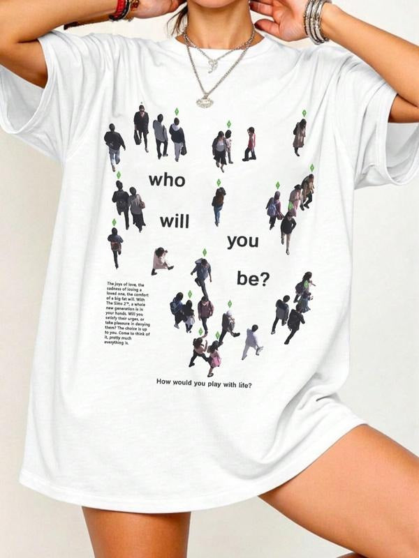 American Street Hip-Hop Loose Round Neck Short Sleeve T-Shirt, Abstract Figure Group Print, Casual Women's Top, Pop Art...