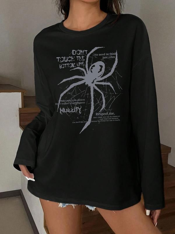 Animal Spider Print Loose Fit T-Shirt, Y2K Minimalist Long Sleeve Casual Top, Vintage Comfortable Streetwear, Unique...
