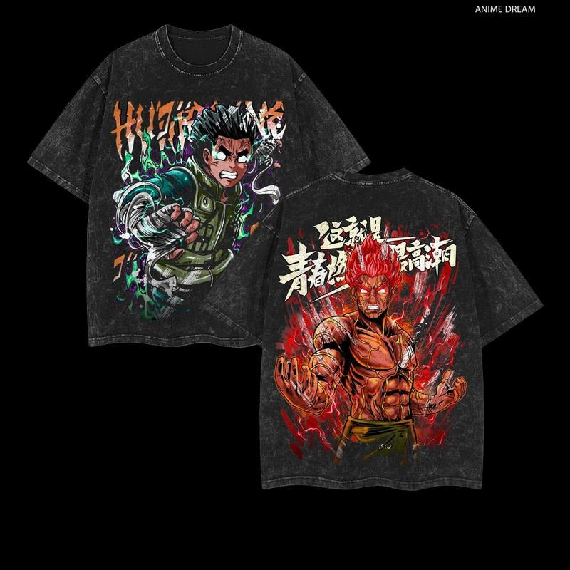 Anime Double Printed Vintage Washed Tee Unisex Oversize Heavyweight Cotton T-shirt for Anime Fans and Lovers Hoodie,...