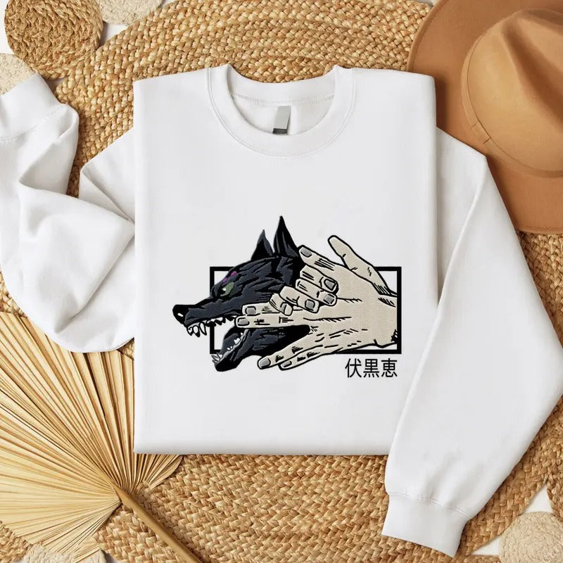 Anime JJK Embroidered Sweatshirt, Embroidered Anime Megumi Shirt, Divine Dogs Embroidered Shirt Hoodie | HypeCrazeTee.com
