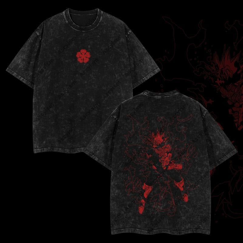 Anti Magic Asta V.1 Form Black Clover Retro Vintage Unisex Oversize Anime Manga Acid Washed Heavyweight Cotton T-shirt,...