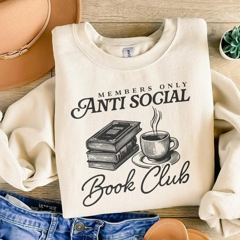 Anti Social Book Club Sweatshirt, Introverted Reader Hoodie, Bookish Merch, Vintage Romance Shirt, Retro Wavy Book Lover...