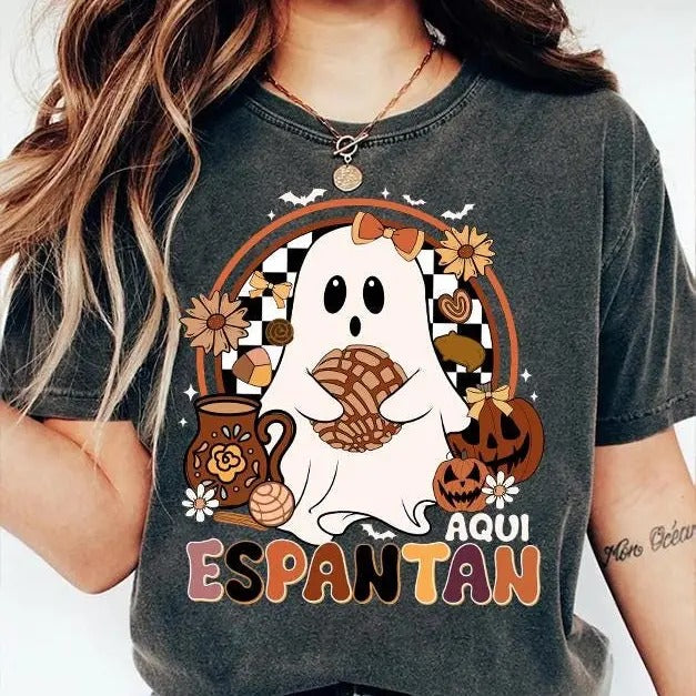 Aqui Espantan Shirt, Ghost Unisex Sweatshirt, Halloween Cotton Shirt, Spanish Halloween Unisex Sweatshirt, Spooky Latina...