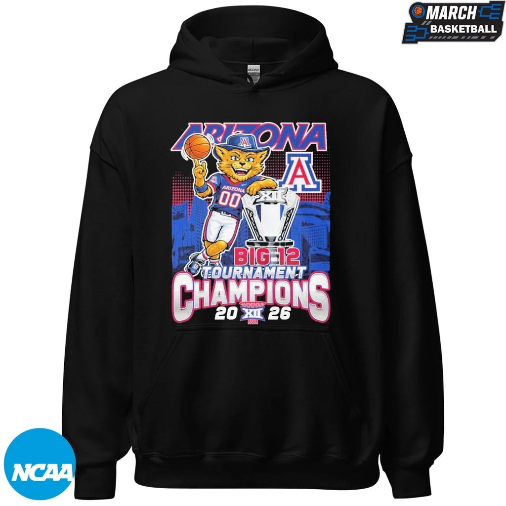 Arizona Wildcats 2026 Big 12 Men’s Basketball Tournament Champions Mascot Trophy T-Shirts