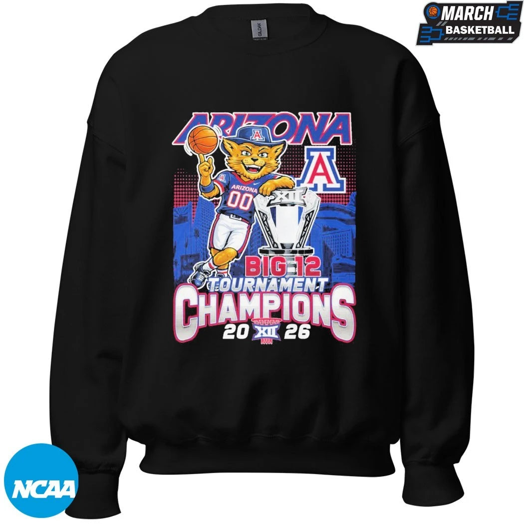 Arizona Wildcats 2026 Big 12 Men’s Basketball Tournament Champions Mascot Trophy T-Shirts