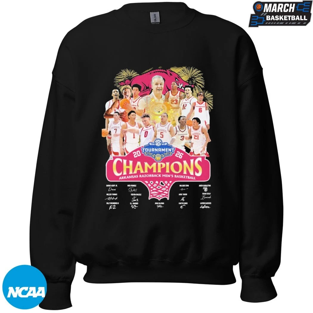 Arkansas Razorbacks 2026 SEC Men’s Basketball Tournament Champions Team Players Signatures T-shirts