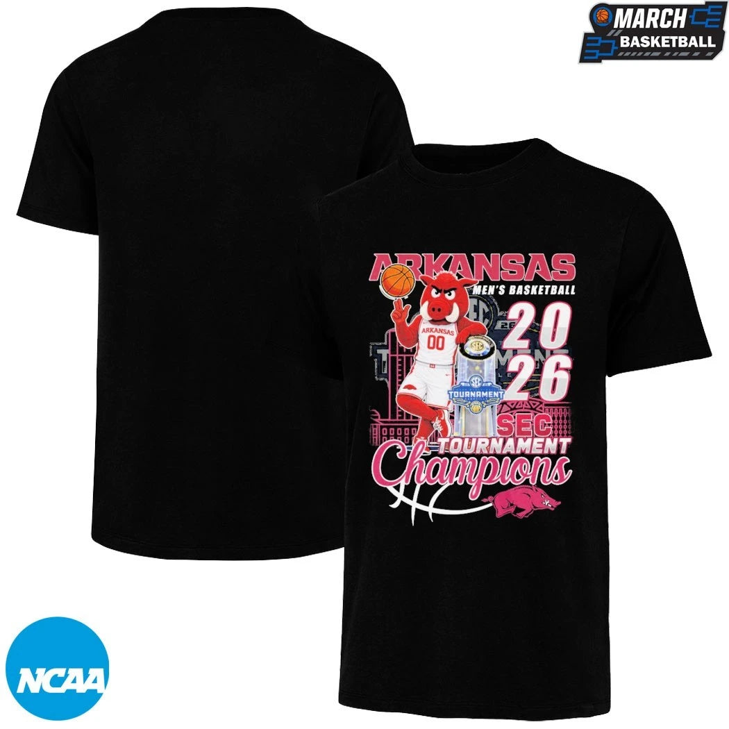 Arkansas Razorbacks SEC Men’s Basketball Tournament Champions 2026 Mascot Trophy T-shirts