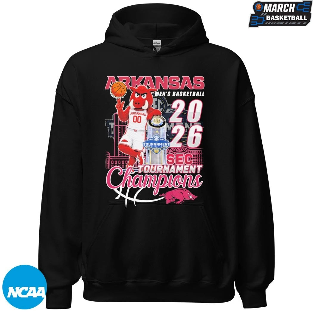 Arkansas Razorbacks SEC Men’s Basketball Tournament Champions 2026 Mascot Trophy T-shirts