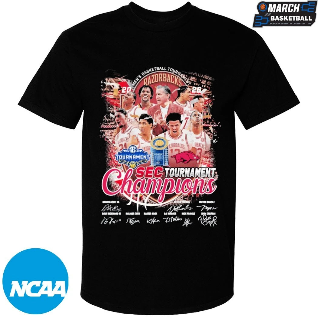 Arkansas Razorbacks SEC NCAA Men’s Basketball Tournament Champions 2026 Trophy Signatures Team T-shirts