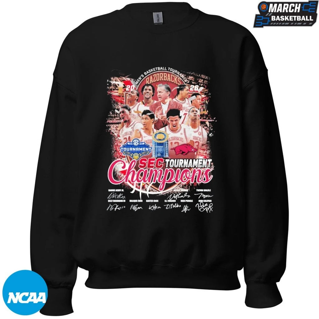 Arkansas Razorbacks SEC NCAA Men’s Basketball Tournament Champions 2026 Trophy Signatures Team T-shirts
