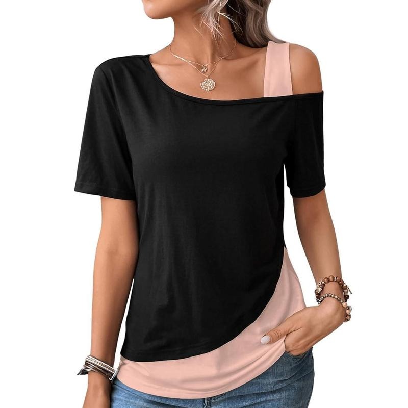 Athletic Tops Color Block Tee Cold Shoulder Short Sleeve T Shirts Hoodie, Sweatshirt | HypeCrazeTee.com