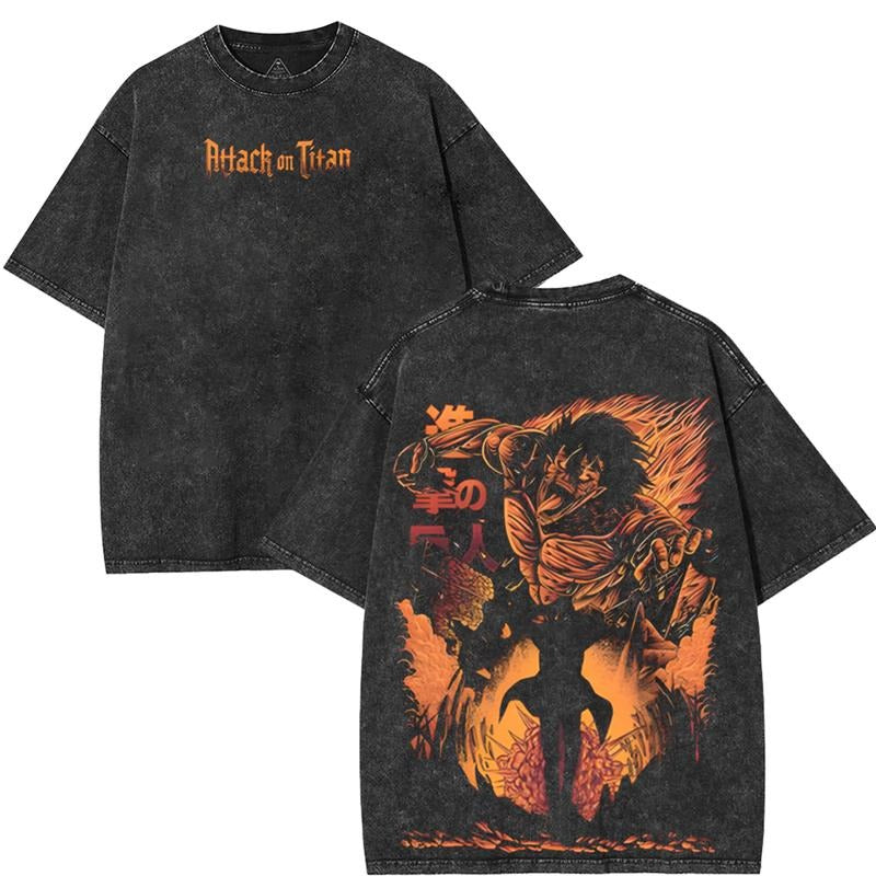 Attack On Titan Eren Yeager Double Sided Graphic T-Shirt Acid Washed Unisex Classic Fit Men's Top 100% Cotton Crewneck...